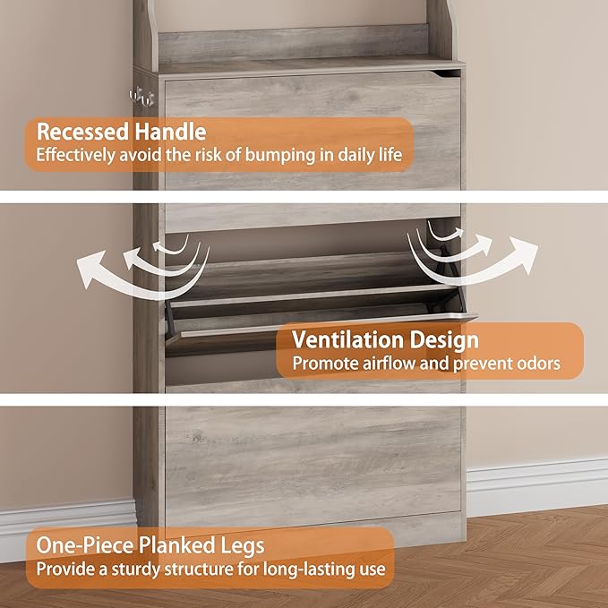 Shoe Storage Cabinet, Wood Shoe Organizer for Entryway with 3 Flip Drawers, Freestanding Shoe Rack with Adjustable Shelf, Narrow Shoe Dresser for Front Door Entrance(Grey, 78.74" x 31.5" x 9.37")