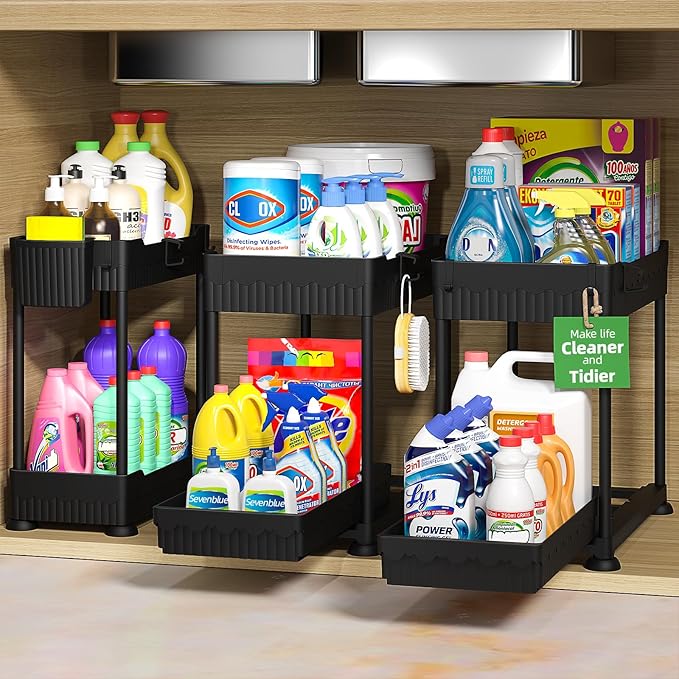 Sevenblue 3 Pack Under Sink Organizers, 2-Tier Multi-Use Kitchen and Bathroom Organizers and Storage with Sliding Drawers, Bathroom Cabinet Organizer (Black, 14.8 Inch)