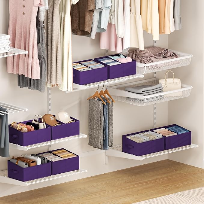 Large Closet Shelf Organizer Bins 8 Packs with Handles and Divider, Purple