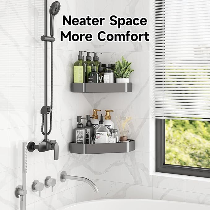 Veken Aluminum Corner Shower Caddy 4-Pack, Never Rust, No Drilling Adhesive Shelves, Stainless Rack with Soap Holder, Large Capacity Bathroom Organizers and Storage, Wall-Mounted Kitchen & Home Decor