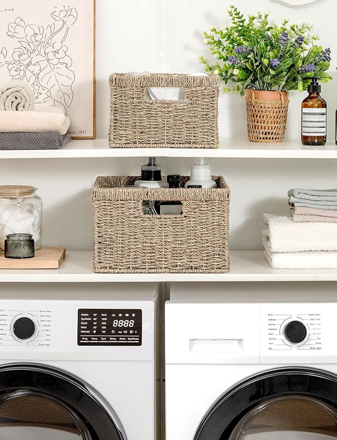 StorageWorks Wicker Storage Baskets, Handwoven Seagrass Basket for Organizing, Decorative Wicker Baskets with Built-in Handles, Set of 2