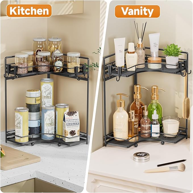 VITVITI 2-Tier Corner Bathroom Counter Organizer, Bathroom Countertop Organizer Storage for Sink, Metal Mesh Makeup Organizer for Vanity Countertop Kitchen with Hooks, Black
