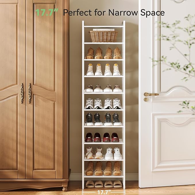 Nunsino Narrow Shoe Rack, 10-Tier Metal Shoe Organizer,Tall Shoe Shelf with Anti-Tip Strap, Max Holds 22 Pairs,Space Saving for Closet,Entryway,White