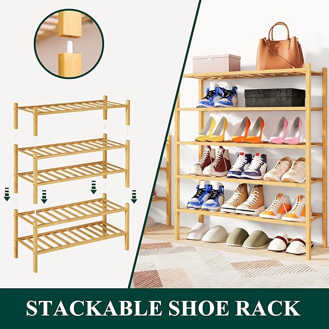 Smiry Bamboo Shoe Rack, 3 Tier Free Standing Wooden Shoe Organizer, Stackable Wood Shoe Storage Shelf for Closet, Entryway, 12 Vertical Slats, 2+1 Stack Standard Legs, 26.8"x11"x19.5", Natural
