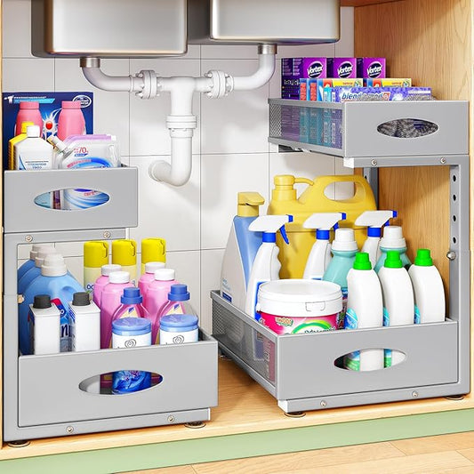 Under Sink Organizer, 1-Pack Pull Out Cabinet Organizer 2 Tier Metal Slide Out Storage Shelf Rack, L-Shaped Adjustable Height,Mesh Sliding Drawer for Kitchen, Bathroom, Laundry, Pantry, Grey, XL