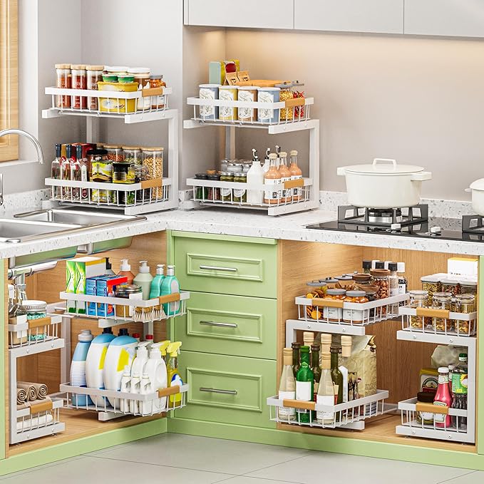 Under Sink Organizer, 2 Pack 2 Tier Expandable Height Under-Sink Bathroom Kitchen Organizers And Storage