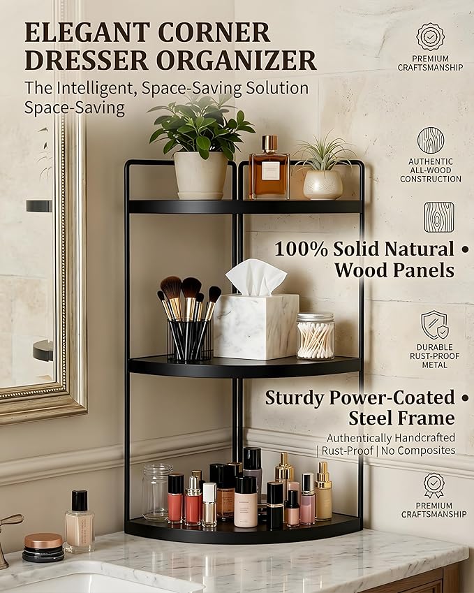 3-Tier Corner Bathroom Countertop Organizer, Solid Pine Wood Vanity Corner Shelf for Skincare & Makeup, Waterproof Standing Rack for Bathroom, Vanity, Kitchen & Dresser, Large 15.7"H, Black