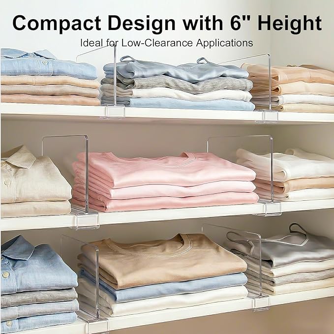 Purse Organizer for Closet Shelf Dividers: 6-inch Tall(Shorter Version) Adjustable Clear Acrylic Bag Storage Organizer for Handbags, Sweaters, Towels, Jeans and Shoes on Wood Shelves 6-Pack