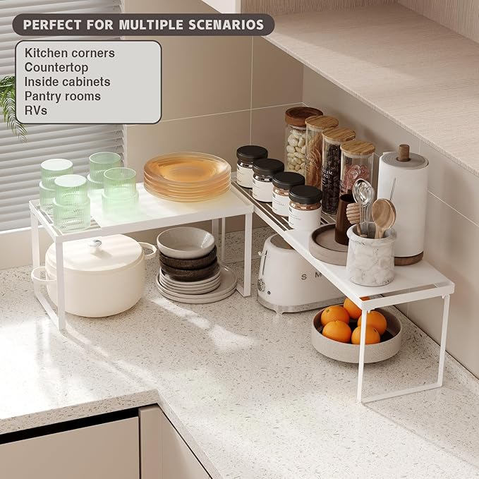 Magheo Expandable Cabinet Shelf Organizer, 1 Pack Stackable Kitchen Counter Shelf Riser, Metal Spice Rack Adjustable Heavy Duty Countertop Organizer Storage for Kitchen, Pantry, Cupboard, Rv (White)