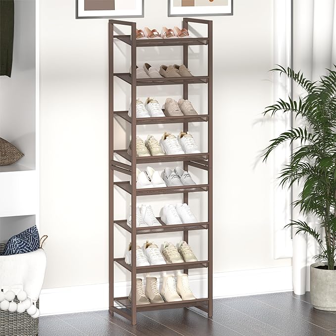 Tall Narrow Shoe Rack, 8 Tier Stackable Shoe Stand for 16-20 Pairs, Heavy Duty Shoe Organizer for Small Space Closet Bedroom, Bronze