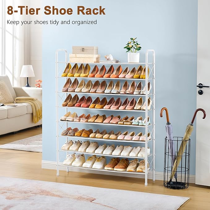 Hoctieon 8 Tier Shoe Rack for Closet, Durable Mesh Style Shoe Rack, Entryway Shoe Shelf, Shoe Storage Organizer for Hallway, Bedroom, Living Room, Wardrobe, White