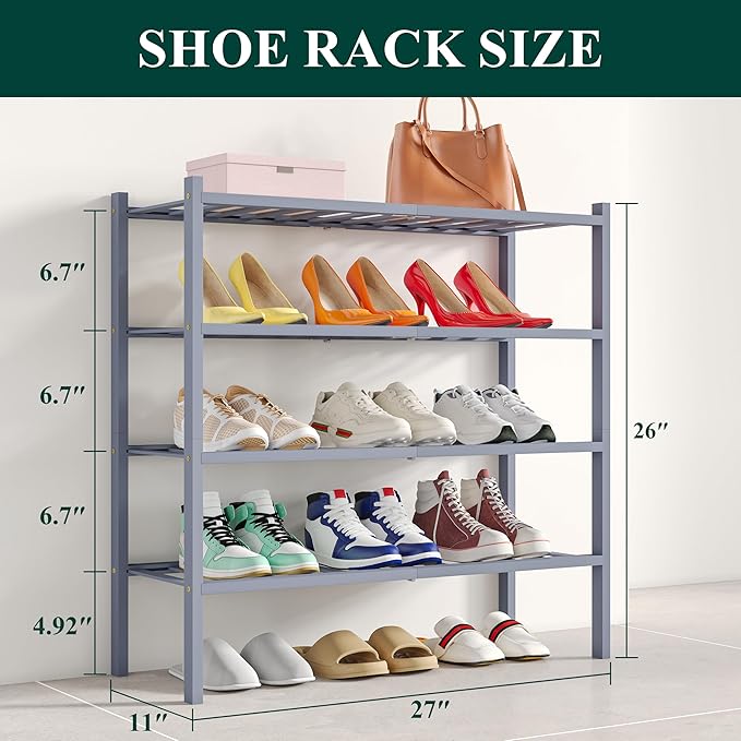 Smiry Bamboo Shoe Rack, 4 Tier Free Standing Wooden Shoe Organizer, Stackable Wood Shoe Storage Shelf for Closet, Entryway, 12 Vertical Slats, 2+2 Stack Standard Legs, 26.8"x11"x26", Grey