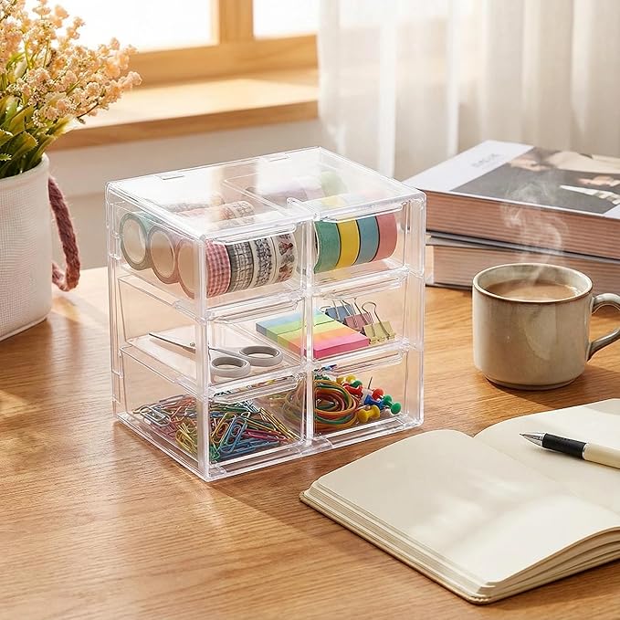Acrylic Drawer Organizer, Clear Desk Organizer with Drawer, Plastic Stackable Storage Drawers with 6 Drawers, Dustproof Organizers for Jewelry, Craft, Office Supplies