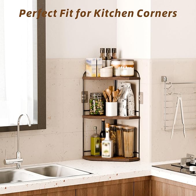 Corner Bathroom Counter Organizer, 3-Tier Wood Countertop Organizer for Perfume, Makeup Storage, Skincare Organizers for Vanity, Counter Corner Shelf for Kitchen, Bathroom, Dresser (Rustic Brown)