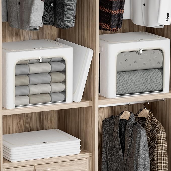 FHSQX 2 Pack Clear Window Storage Bins - Large Stackable Linen Fabric Storage for Clothes Foldable Container Organizer Set with Carrying Handles (Lvory White, 15.7x 11.8x 9.8Inch)