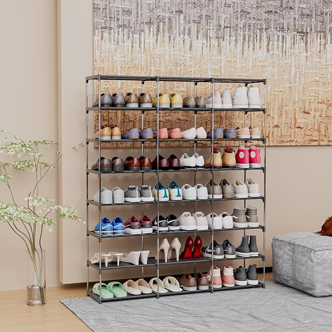SMILHELTD Large Shoe Rack 3 Row 8 Tier for Entryway Holds 48 Pairs, Metal Shelves with Dust-Proof Mats, Space Saving Storage for Garage Closet, DIY Assembly, 49.2" W x 50.8" H