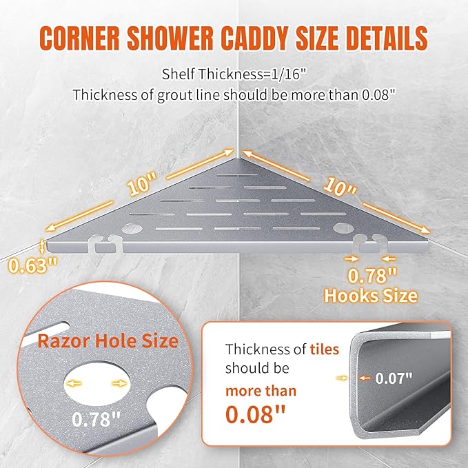 Shower Corner Shelf Organizer Rack with Hooks & Razor Hole, No Drilling Tile Shower Shelves, Rustproof Stainless Steel Bathroom Shelves Basket, Modern Corner Shelf for Bathroom, 2Pack-Silver