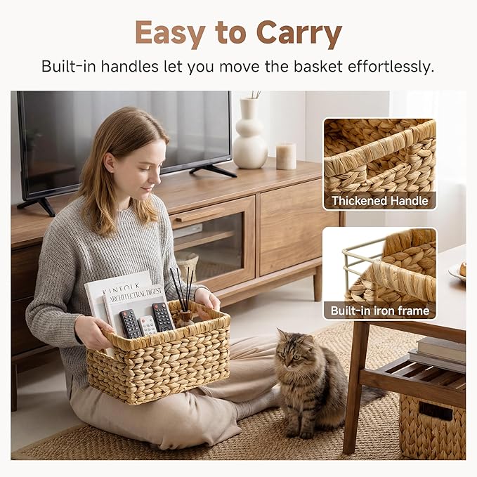 StorageWorks Wicker Basket, Baskets for Organizing, Storage Basket with Built-in Handles, Water Hyacinth Shelves (Medium 2-Pack, Natural Hyacinth)