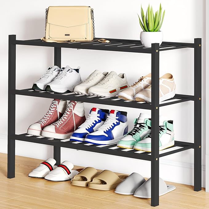 Smiry Bamboo Shoe Rack, 3 Tier Free Standing Wooden Shoe Organizer, Stackable Wood Shoe Storage Shelf for Closet, Entryway, 12 Vertical Slats, 2+1 Stack Standard Legs, 26.8"x11"x19.5", Black