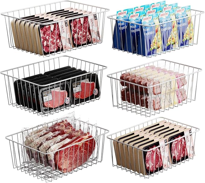iSPECLE Freezer Organizer Bins - 6 Pack Stand Up Freezer Organizers for 16 Cu.Ft Upright Freezer, Storage Baskets for Meat & Veggies, Prevents Items Falling, Slide-Out Access, 3 Large 3 Medium, White