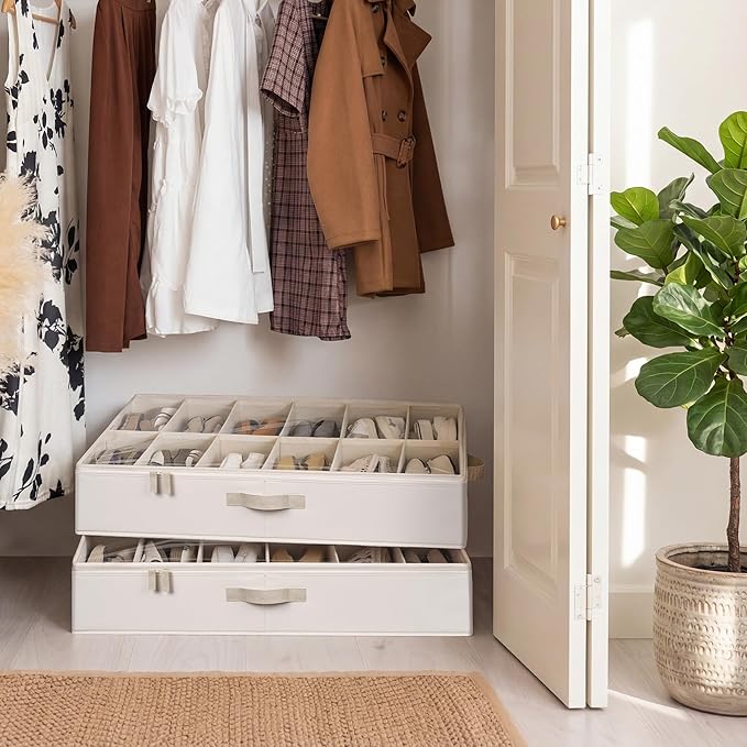 StorageWorks Underbed Shoe Storage Organizer for Closet, 2-Pack Fabric Under Bed Shoe Organizer with Adjustable Dividers, Fits up to 24 Pairs, Beige(Cottlyn Fabric)