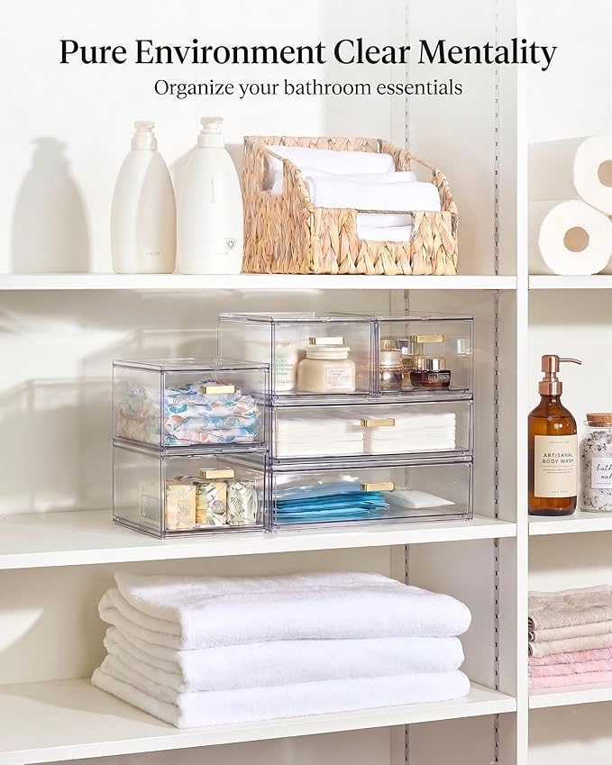 LALOBLUE Stackable Storage Drawers, 6 Pack Clear Acrylic Organizer Bins with Golden Handles, Multi-Size Plastic Drawers for Makeup, Vanity, Kitchen, Bathroom, Office, Pantry Organization and Storage