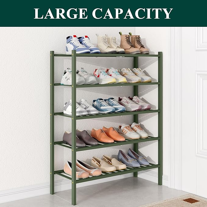 Smiry Bamboo Shoe Rack for Closet, 5 Tier Wooden Shoe Organizer, Stackable Wood Shoe Storage Shelf for Entryway, 14 Vertical Slats, 2+3 Stack Heavy-Duty Legs, 26.77"x11.02"x31.3", Green