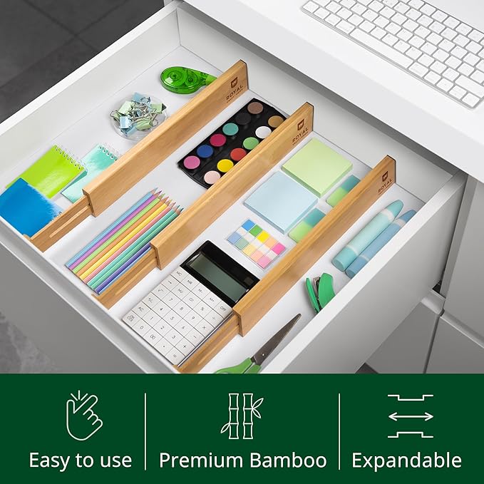 Bamboo Drawer Dividers Organizers, Adjustable Drawer Separator Splitters