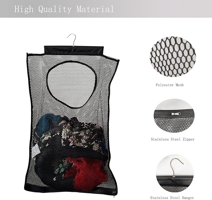 Hanging Mesh Laundry Hamper (30in*20in*2in) Large Dirty Clothes Bag, Black