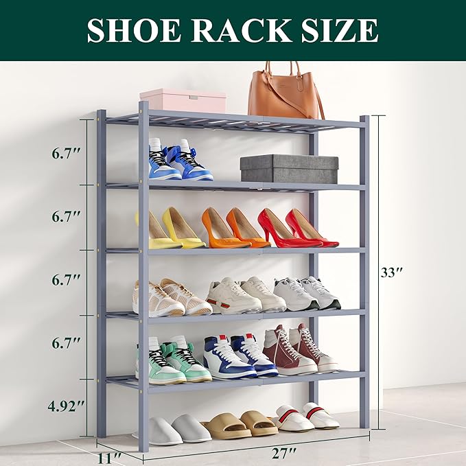 Smiry Bamboo Shoe Rack, 5 Tier Free Standing Wooden Shoe Organizer, Stackable Wood Shoe Storage Shelf for Closet, Entryway, 12 Vertical Slats, 2+2+1 Stack Standard Legs, 26.8"x11"x32.5", Grey