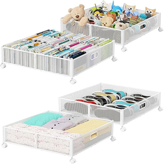 Under Bed Storage, Under the Bed Storage Containers with Wheels, Under Bed Shoe Storage Organizer Drawer, Tool-free Assembly Metal Underbed Storage Containers for Bedroom Clothes Shoes Blankets -4PCK