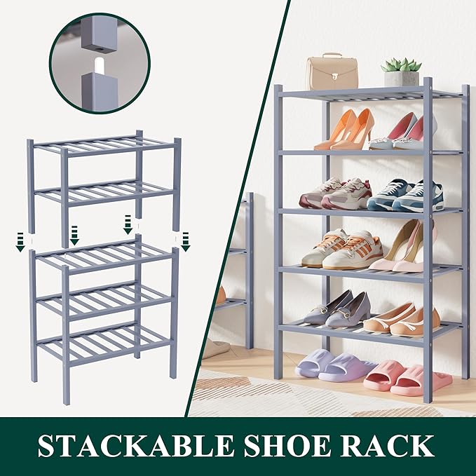 Smiry Bamboo Shoe Rack for Closet, 5 Tier Small Wooden Shoe Organizer, Stackable Wood Shoe Storage Shelf for Entryway, 14 Vertical Slats, 2+3 Stack Heavy-Duty Legs, 17.32"x11.02"x31.3", Grey