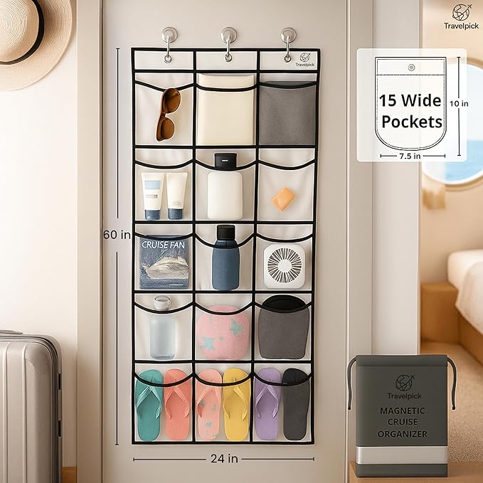 Magnetic Cruise Cabin Organizer 2026-15 Pocket Over the Door Hanging Shoe Organizer & Stateroom Storage, 40 LB Magnetic Hooks for Cruise Ship Cabin Essentials & Must Haves