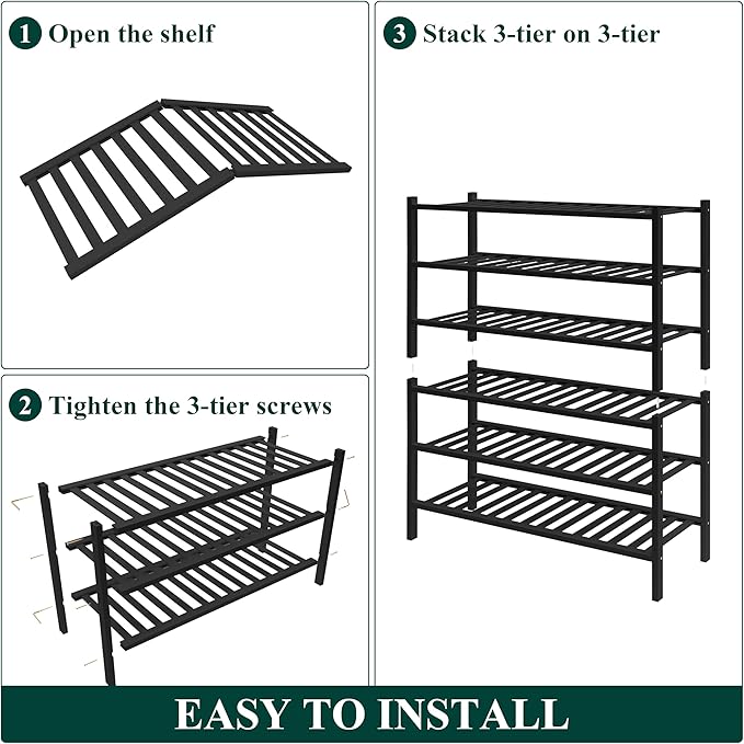 Smiry Bamboo Shoe Rack for Closet, 6 Tier Wooden Shoe Organizer, Stackable Wood Shoe Storage Shelf for Entryway, 14 Vertical Slats, 3+3 Stack Heavy-Duty Legs, 26.77"x11.02"x36.61", Black