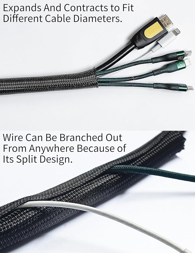 Cable Management Split Wire Loom Sleeve - Cord Hider & Protector for Desk, Pet Chew Proof, Wire Cover Organizer, Flexible Tube for Wires and Cables (3/4 Inch 10FT, Black)