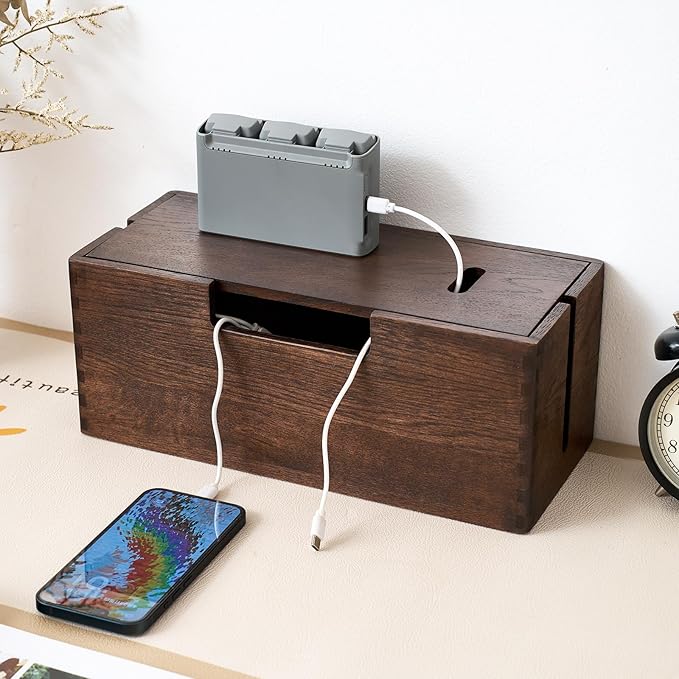 Oak Wood Cable Management Box - Large Cord Hider & Organizer with Magnetic Lid for Desk & Floor Cables in Home Office, Living Room, Bedroom (Walnut)