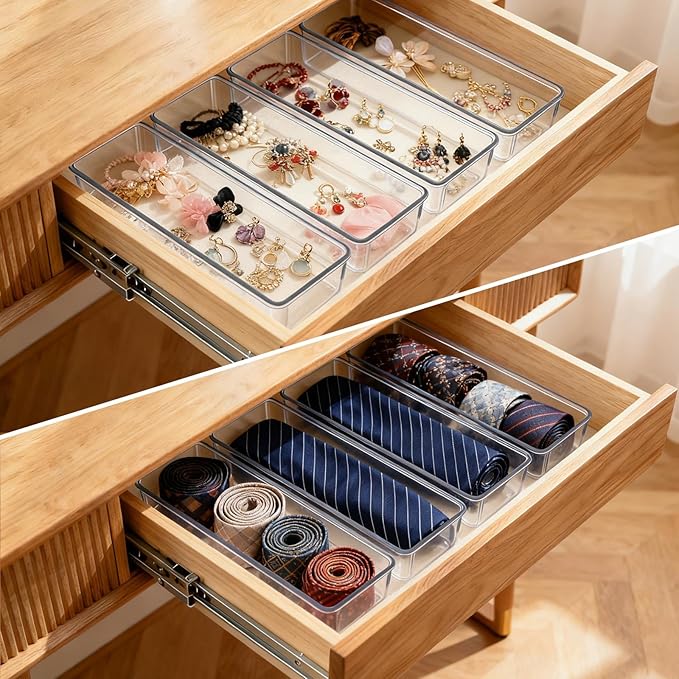 6 Pcs Large Clear Plastic Drawer Organizers Tray 12"x3" Storage Bins with 25 Pcs