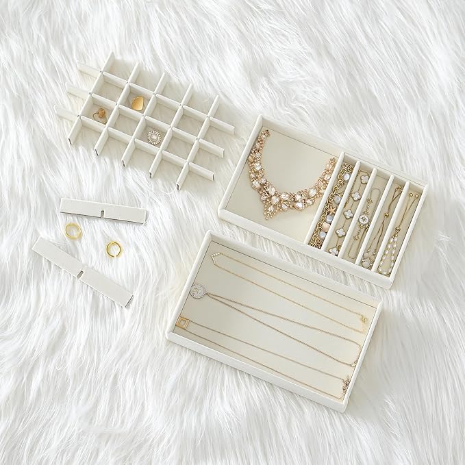 ProCase Stackable Jewelry Organizer Trays for Drawers, Jewelry Drawer Inserts Container Display Case Storage for Earring Necklace Rings Bracelet with Removable Dividers -Beige, 4 Layers