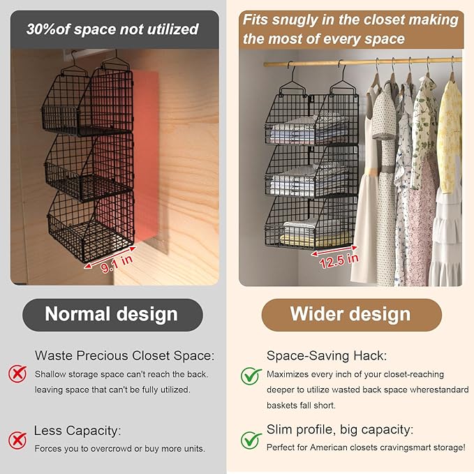 PUPPYCUTE Larger & Deeper Hanging Storage Basket, Closet Organizers and Storage, Hanging Shelves Wire Baskets for Clothing Sweaters Purse Handbags Shoes Black 3 Tier