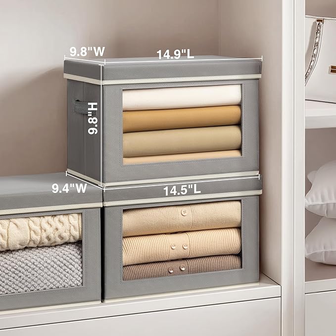 Homsorout Clothes Organizers and Storage - 6 Pack Large Storage Box with Lids, Foldable Closet Organizer with Lids, Decorative Basket Bins for Home, Dorm, Closet, Grey