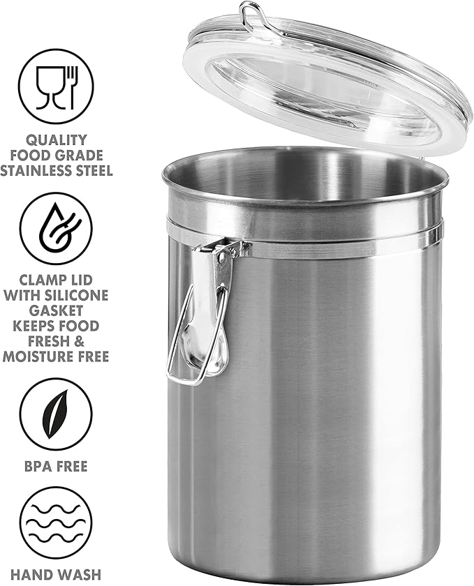 Stainless Steel Kitchen Canister 47oz, Airtight Clamp Lid, Clear See-Thru Top