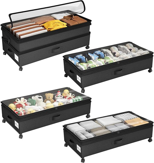 4 Pack Height-adjustable Under Bed Storage with Wheels, Black