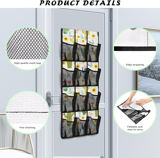 Over The Door Organizer, Cactus 4 Shelf Hanging Storage Organizer with 12 Clear Mesh Shoe Organizer Door Hanger Closet Hanging Rack for Shoes for for Apartments Dorms