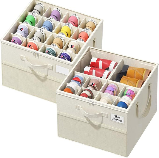 2 Pack Shoe Organizer for Closet, Large Shoe Box Storage Containers, Beige