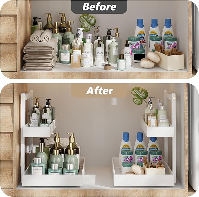 Bamboo Under Sink Storage 2 Tier Pull Out Cabinet Organizer Slide Out Under Sink Storage Shelf Undersink Organizers Shelves for Kitchen Bathroom Organization (White, 2 Packs)