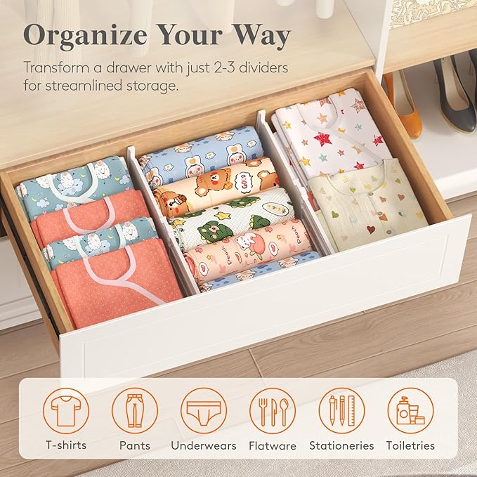 Lifewit 4 Pack 5" High Drawer Dividers for Clothes, 11.5"-18.5" Expandable Dresser Drawer Organizers, Adjustable White Plastic Separators for Kitchen, Cabinet, Nursery, Socks & Underwear Storage