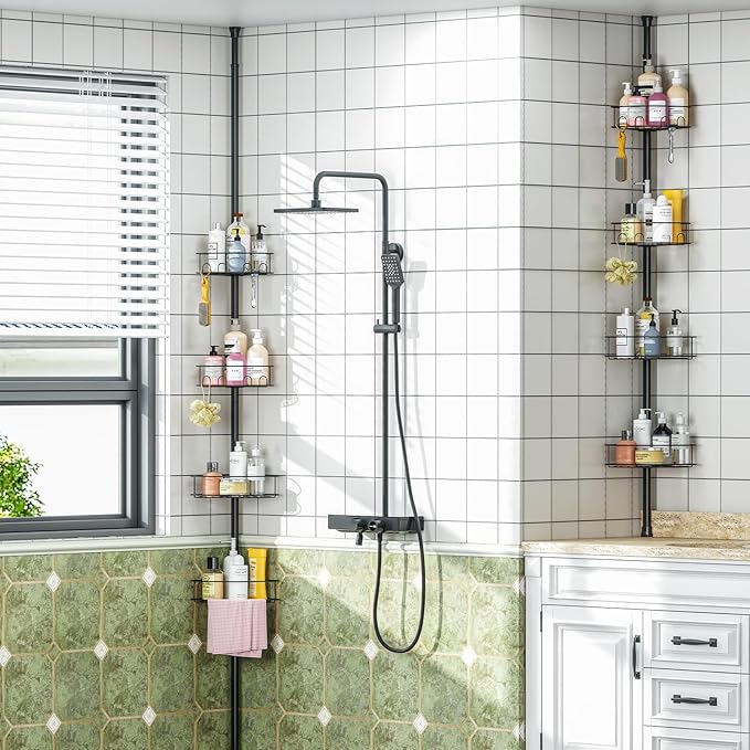 Corner Shower Caddy Tension Pole，4 Tier Adjustable Bathroom Organizer