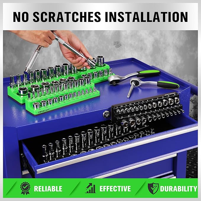 SWANLAKE 4-Piece Magnetic Socket Organizer Set, Metric & SAE Socket Holder Set Includes 1/4", 3/8" Drive Sockets Trays, Magnetic Sockets Organizer for Tool Box Drawer