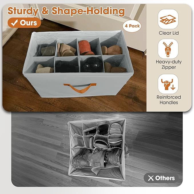 4 Pack Shoe Organizer for Closet,Foldable Shoe Storage Organizer with Adjustable Dividers, Shoe Storage Box with Clear Cover, Fits up to 32 Pairs, Gray