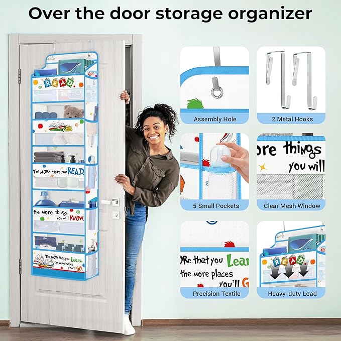 Clastyle Dr Read Quotes Over the Door Organizer with Clear Window Mesh Pocket 44 lbs Weight Capacity Nursery Hanging Shelf for Diaper Toy Closet Door Storage for Bedroom Bathroom Pantry